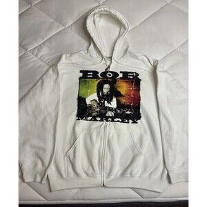 Bob Marley Men's Hoodie Sweatshirt White Full Zip Reggae XL